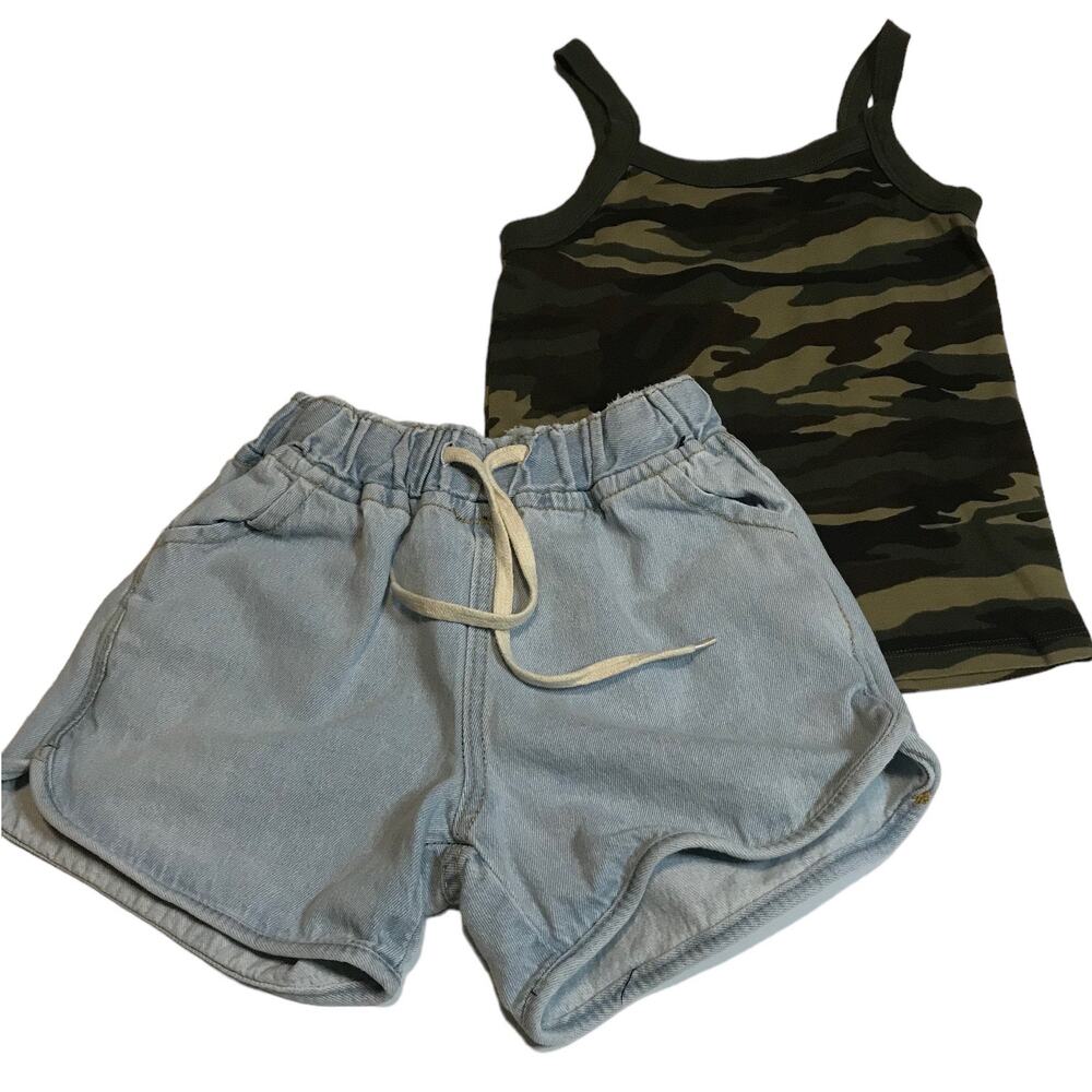 Forever 21 Girls Camo Tank Top Size 9-10 Light Wash Denim Shorts Size Large